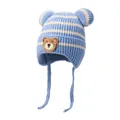 Blue and white striped knit baby hat with bear ears and chin straps for winter - One Size / Blue