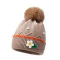Berretto in maglia marrone caffè per neonati con strisce arancioni e dettaglio fiore - Taglia unica / Kaki