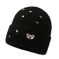 Kids black knit beanie with golden star patterns and a cute bear embroidery on the cuff - One Size / Black