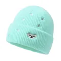 Kids mint green knit beanie with cute bear embroidery and silver star patterns - One Size / Light Green