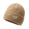 Kids khaki knitted beanie featuring bear embroidery and star patterns in a soft finish - One Size / Khaki