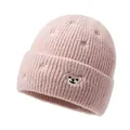 Pink rib-knit beanie for children with embroidered bear face and gold stars detail - One Size / Pink