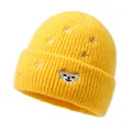 Bright yellow knit beanie for kids with cute bear embroidery and silver star patterns - One Size / Yellow
