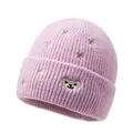 Pink knit beanie for children featuring cute bear patch and yellow star embroidery - One Size / Purple