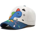 Kinder Cord-Baseballkappe in Beige und Dunkelblau mit süßem Dinosaurier-Motiv - Weiß
