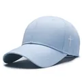Sky blue cotton baseball cap with white cross embroidery and classic six-panel structure - One Size Adjustable / Blue