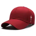 Classic red baseball cap with white cross embroidery on cotton twill fabric - One Size Adjustable / Red