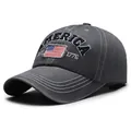 Vintage washed dark grey baseball cap with blue America embroidery and flag patch - One Size Adjustable / Dark Gray
