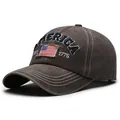 Vintage dark brown washed cotton baseball cap with America embroidery and flag patch - One Size Adjustable / Brown