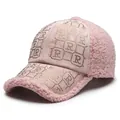 Pink fleece baseball cap for women with rhinestone R pattern and warm lamb wool brim - One Size Adjustable / Pink
