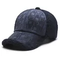 Deep blue winter baseball cap with lamb wool texture and rhinestone R pattern - One Size Adjustable / Navy Blue
