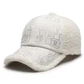 Women's warm winter baseball cap in beige faux lamb wool with rhinestone R pattern - One Size Adjustable / White