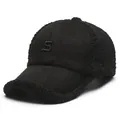 Fashionable black teddy fleece baseball cap with embroidered S letter and hybrid textures - One Size Adjustable / Black