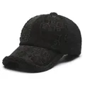 Black winter baseball cap with sparkling rhinestone letters and cozy sherpa trim - One Size Adjustable / Black