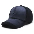 Navy blue teddy fleece baseball cap with embroidered S letter and sherpa texture - One Size Adjustable / Navy Blue