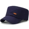 Classic navy blue cotton flat top military cap with sport leather patch and stitching - One Size Adjustable / Navy Blue