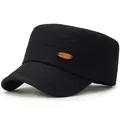 Minimalist black cotton flat top military cap with sport badge and embroidery - One Size Adjustable / Black