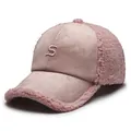 Pink teddy fleece and suede baseball cap with embroidered letter S for women - One Size Adjustable / Pink