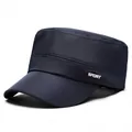 Dark blue flat top military cap with white sport logo in breathable fabric - One Size Adjustable / Navy Blue