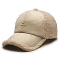Beige winter baseball cap featuring teddy fleece and embroidered letter S logo - One Size Adjustable / Beige
