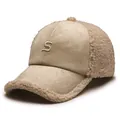 Khaki baseball cap in suede and teddy fleece with a 3D letter S embroidery - One Size Adjustable / Khaki
