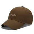 Dark brown cotton baseball cap featuring light cursive embroidery and a curved brim - One Size Adjustable / Brown
