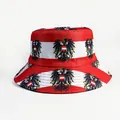 Reversible red and white striped bucket hat featuring black eagle emblem print - Austria Red White Stripes Double-headed Eagle Crest Style