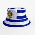 Reversible bucket hat featuring Uruguay national flag colors and Sol de Mayo sun emblem - Uruguay Blue White Stripes Sun Print Style
