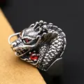 Vintage silver dragon head ring with red gem eyes and oxidized relief details - Red-Eyed Dragon Head Style (4)