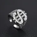 Adjustable silver dollar sign ring with vintage textured dots and open band design - Silver Dollar Sign Style (6)