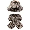 Winter leopard print faux fur bucket hat and scarf set providing warmth in cold weather - Hat And Scarf Set / Beige