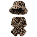 Winter faux fur leopard print bucket hat and matching scarf set for cold weather - Hat And Scarf Set / Khaki