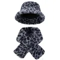 Winter faux fur leopard print bucket hat and matching neck warmer set in blue grey - Hat And Scarf Set / Blue