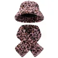 Winter faux fur pink leopard print bucket hat and matching scarf set for warmth - Hat And Scarf Set / Pink