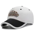 Short-brimmed black and white baseball cap with mountain embroidery and text - One Size Adjustable / White Crown-Black Brim