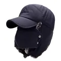 Men's dark blue winter trapper hat with windproof face mask and thick fur lining - 56-59cm / Dark Blue