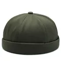 Deep green cotton docker hat with six-panel stitching and fixed turned-up brim style - Adjustable / Army Green