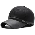 Men's winter black baseball cap with ear flaps, sport logo and textured leather brim - Black