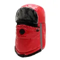 Winter thermal bomber hat in bright red with gray faux fur lining and air vent mask - One Size / Red