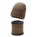 Ensemble d'hiver bonnet tricoté marron foncé et tour de cou doublé polaire - Taille unique / Kaki