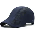 Navy blue breathable mesh flat cap for men featuring a reflective sports logo and sun protection - Adjustable / Navy Blue
