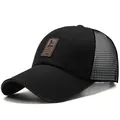 Unisex black breathable mesh baseball cap with brown leather patch logo detailing - Adjustable / Canvas Label Black Mesh Style (EDIKO)