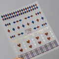 5D embossed nail sticker MN-350 with blue and brown argyle patterns and heart motifs - Blue Brown Argyle Heart Style (MN-350)