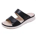 Women's wedge slide sandals in black leather with adjustable velcro straps and breathable sole - EU 36 / Black