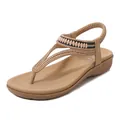 Sandalias de cuña para mujer en color beige con tira elástica y adornos de perlas - EU 35 / Albaricoque