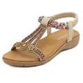 Bohemian women's khaki flat sandals with embroidery and beaded T-strap design - EU 35 / Apricot