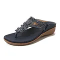 Women wedge flip-flops with navy blue beaded flowers and breathable non-slip sole - EU 35 / Sapphire Blue
