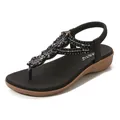 Women's black wedge sandals with purple rhinestones and comfortable elastic strap - EU 35 / Black