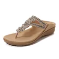 Beige wedge flip flops with floral rhinestone beads and non-slip sole for women - EU 35 / Apricot