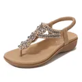 Beaded boho wedge sandals with rhinestones and elastic heel strap in khaki color - EU 35 / Apricot